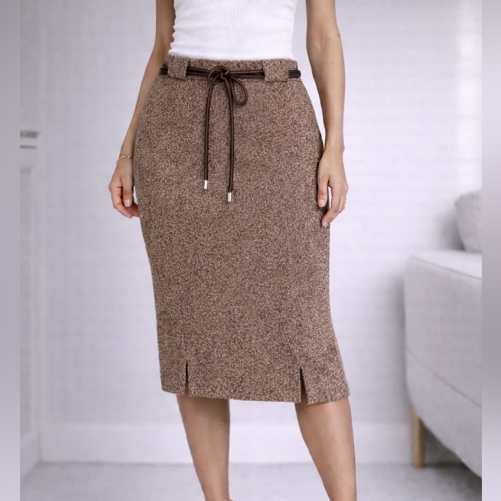 Luisa Spagnoli Wool Silk Pencil Skirt w/ Leather Tie Belt 🤎